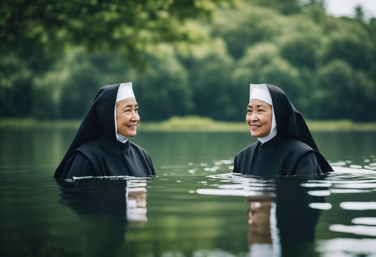 nuns enjoying in the lake