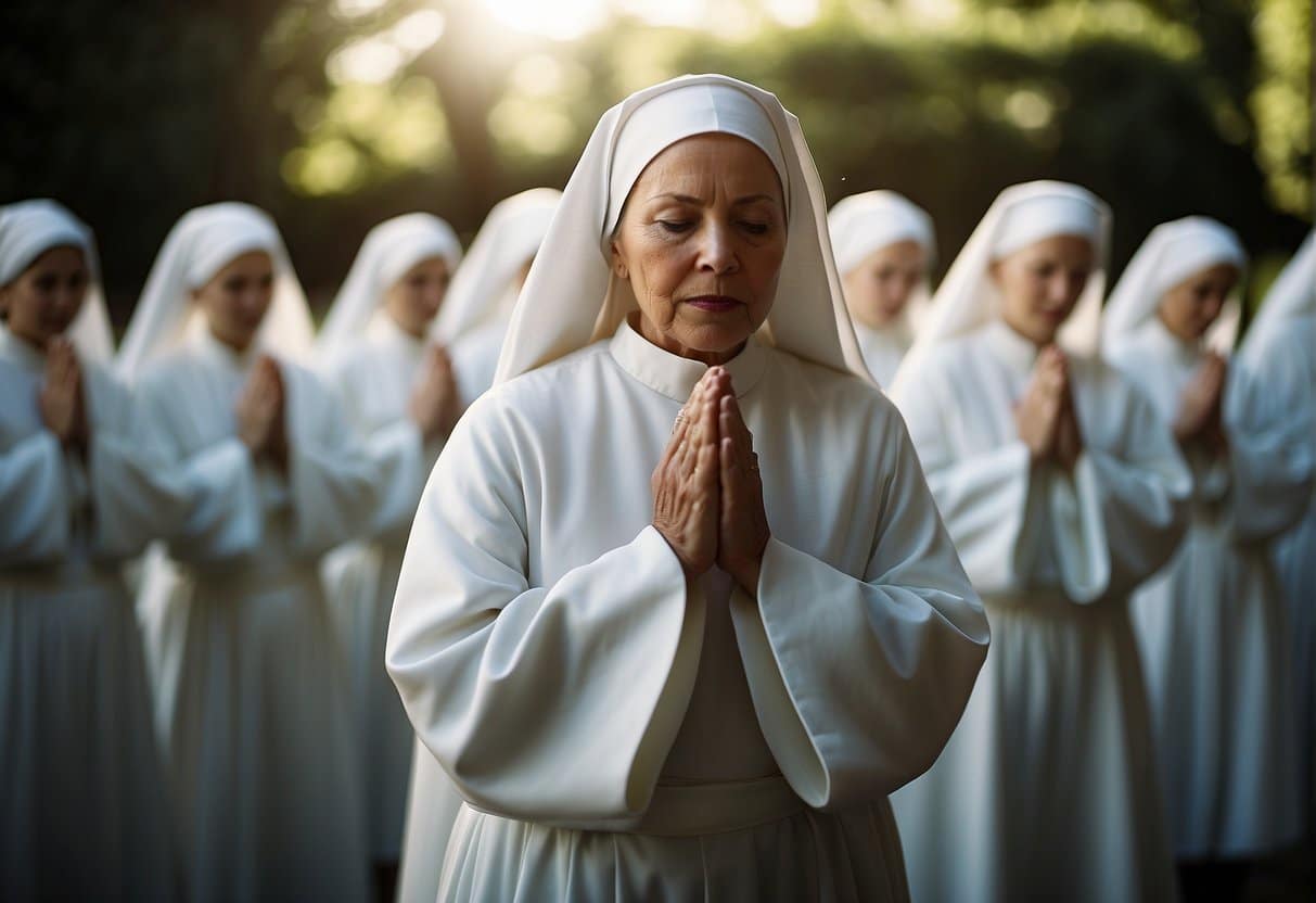 A group of nuns standing in a solemn circle, their heads bowed in prayer, while holding hands and making vows of commitment