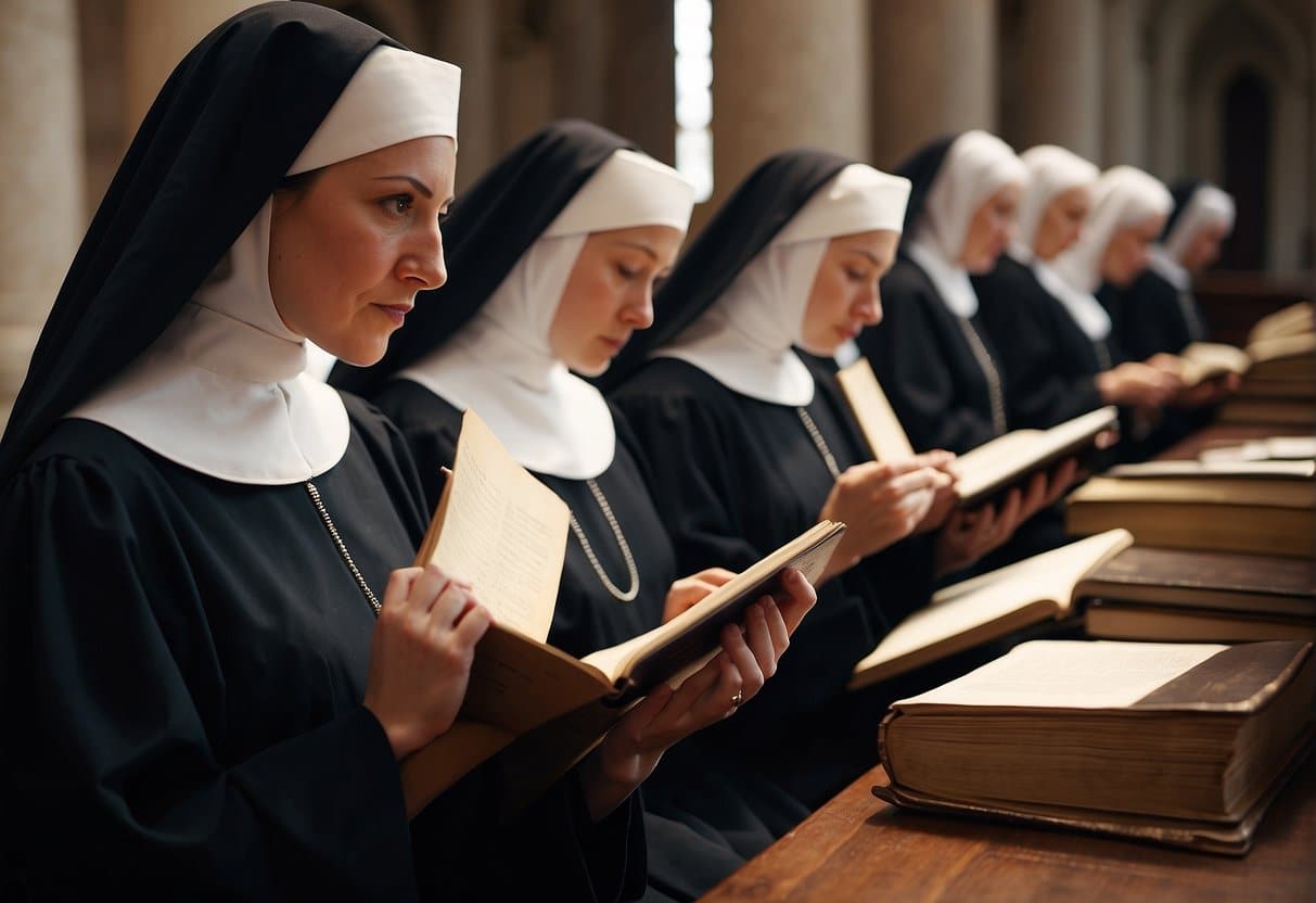 Nuns studying Canon Law and Church Doctrine, questioning the requirement of virginity