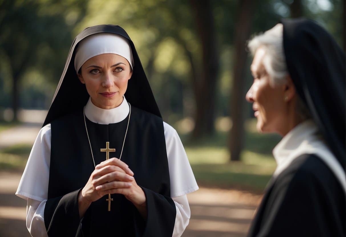 A nun's serene face turns to one of surprise as she gazes at a figure, her heart fluttering with unexpected emotions
