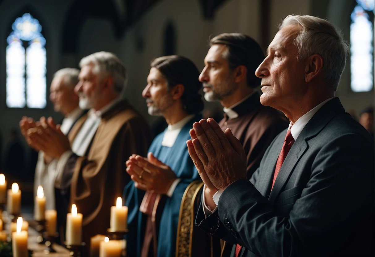 Catholics praying in a church, with images of saints and crucifixes, representing their belief in heaven