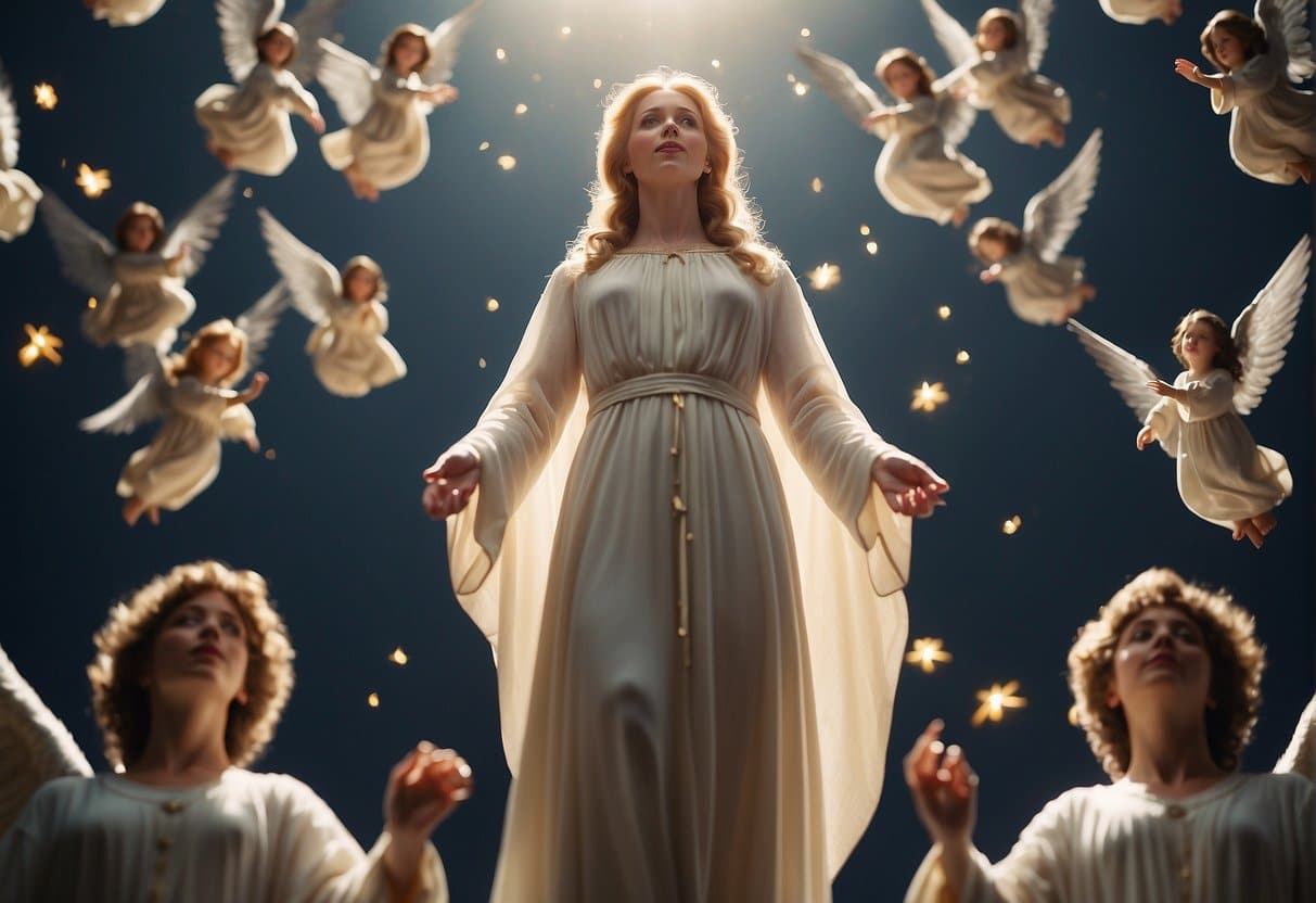 Mary ascends to heaven, surrounded by angels and light