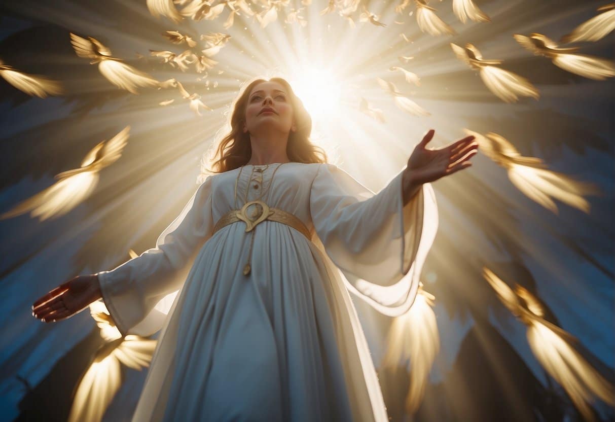 Mary ascends to heaven surrounded by angels and light