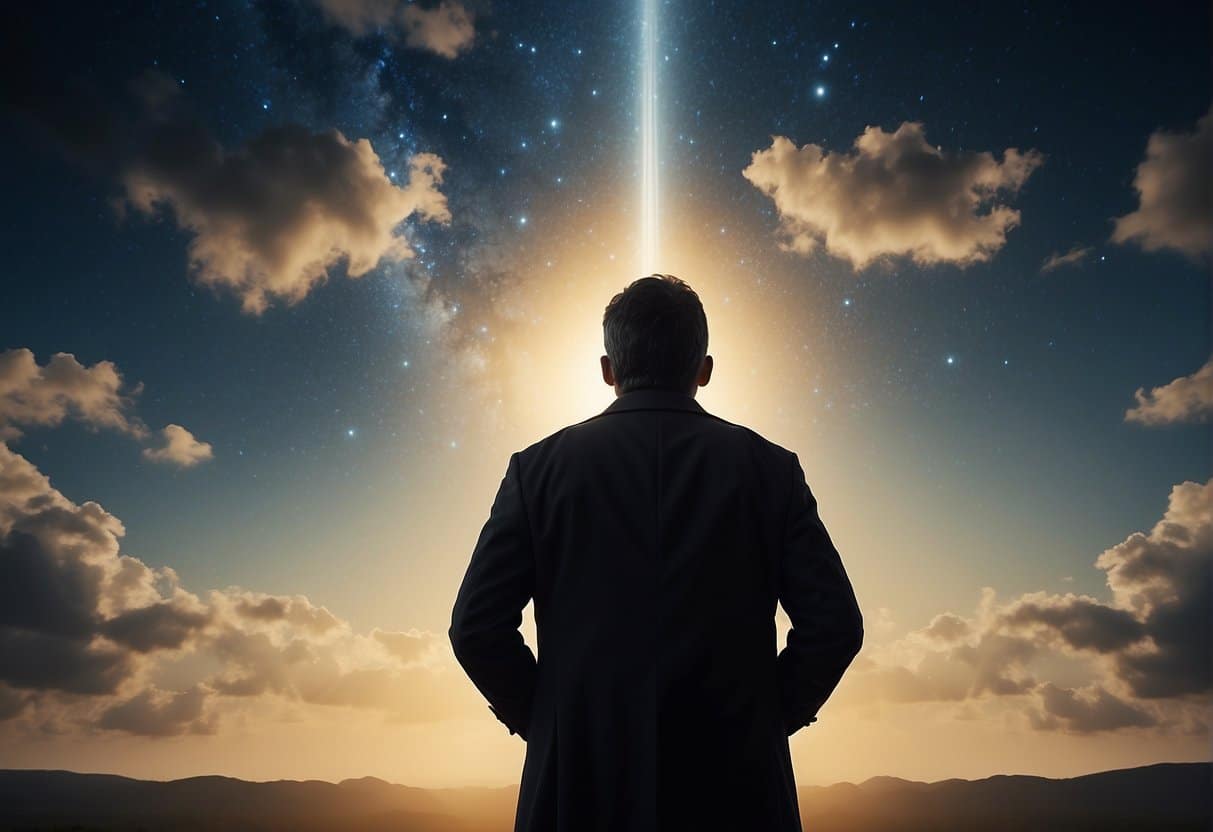 A dark figure stands at the gates of heaven, looking up with a questioning gaze, while the heavens above glow with a warm, ethereal light