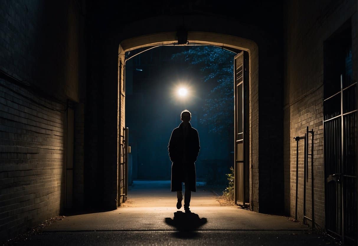 A figure stands in a dark alley, surrounded by shadows. A glimmer of light breaks through, illuminating a path forward. In the distance, a faint image of a heavenly gate can be seen, offering a sense of redemption and salvation