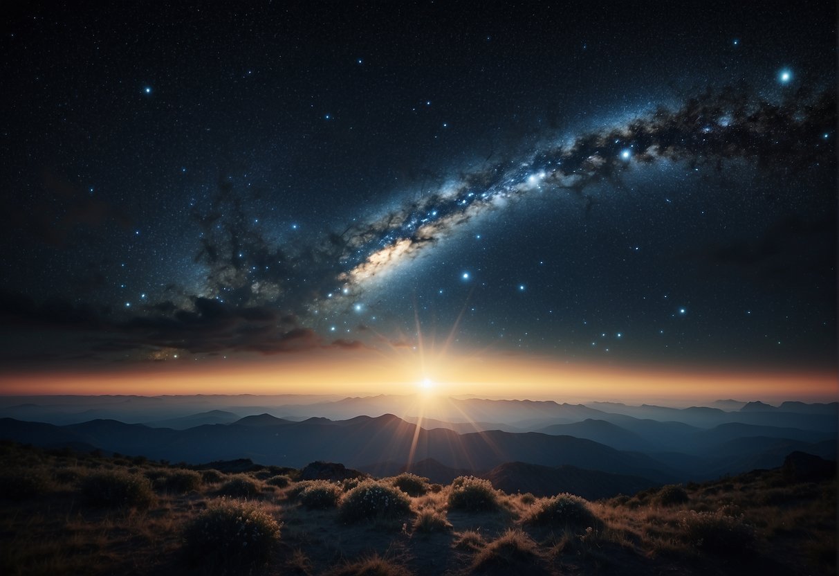 A serene, endless expanse of celestial light, merging seamlessly with the boundless darkness of the cosmos, symbolizing the eternal relationship between life, death, and eternity