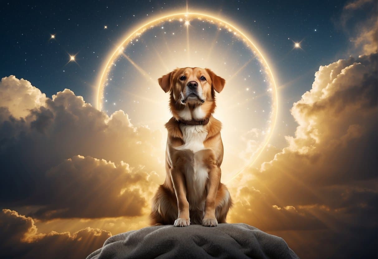 A dog sits on a cloud surrounded by celestial beings. A golden halo shines above its head, and a sense of peace and contentment emanates from its posture