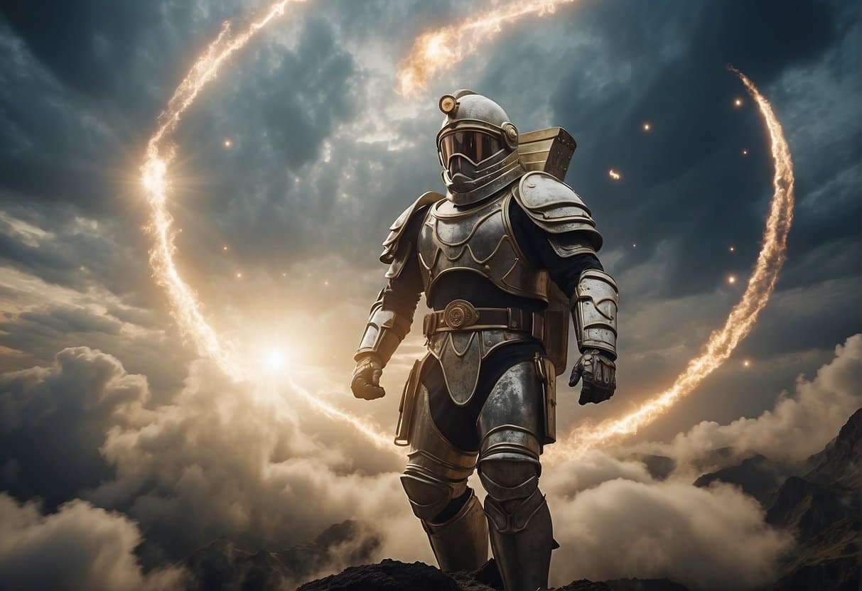 The war in heaven, with celestial beings locked in a fierce battle amidst swirling clouds and radiant light