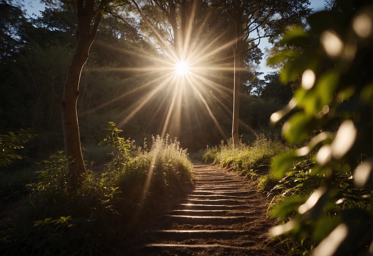 A bright light shines down from the sky, illuminating a path leading upwards. People and objects below are being lifted towards the light, leaving the earth behind