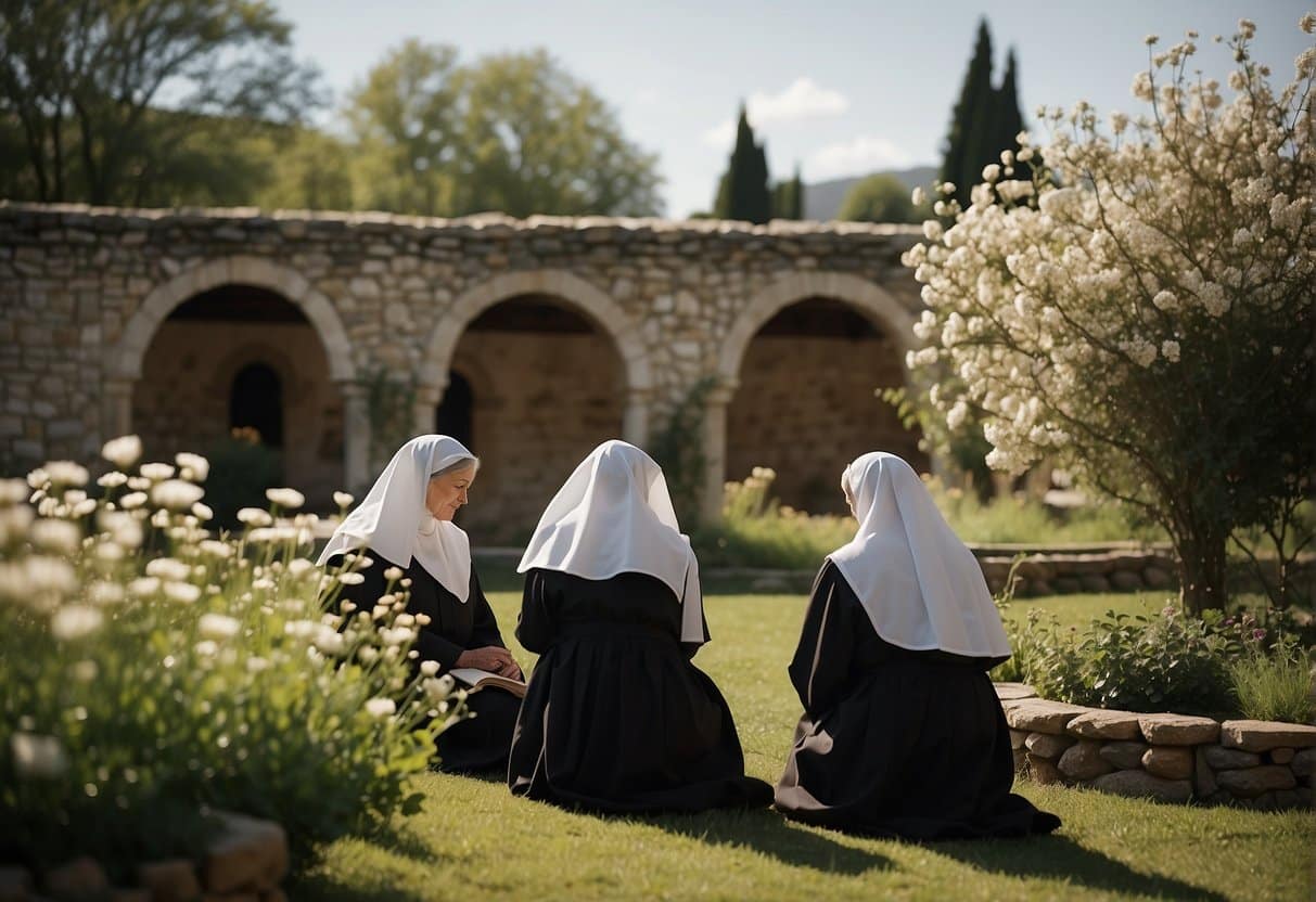 Cloistered nuns converse in a peaceful garden, surrounded by blooming flowers and ancient stone walls. Their voices carry softly through the tranquil air, as they engage in quiet conversation and prayer