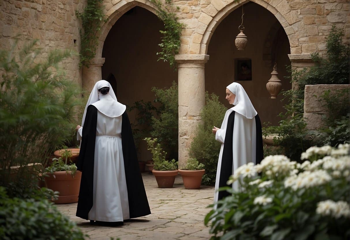 Cloistered nuns gather in a peaceful courtyard, surrounded by high stone walls and lush gardens. They converse quietly, their voices barely audible in the serene atmosphere