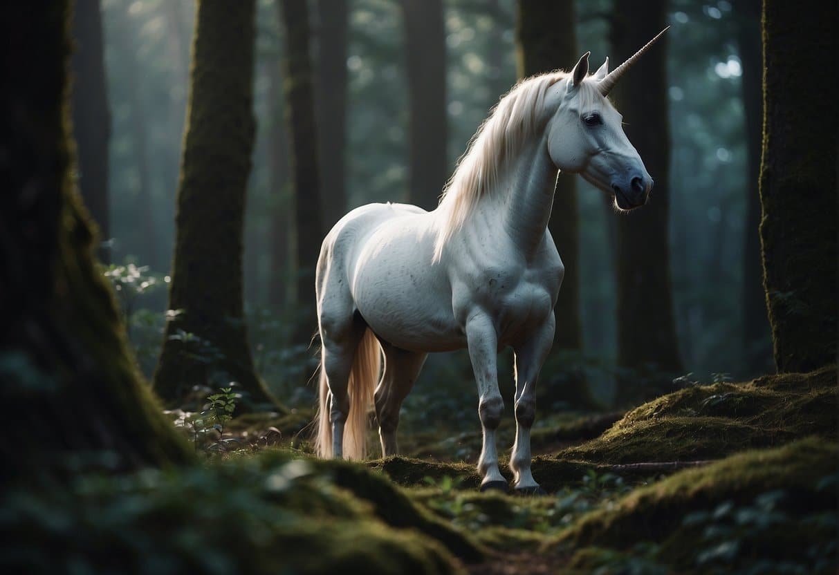 A majestic unicorn stands tall in a mystical forest, its horn glowing with ancient power. Surrounding it are symbols of myth and history, evoking a sense of wonder and mystery