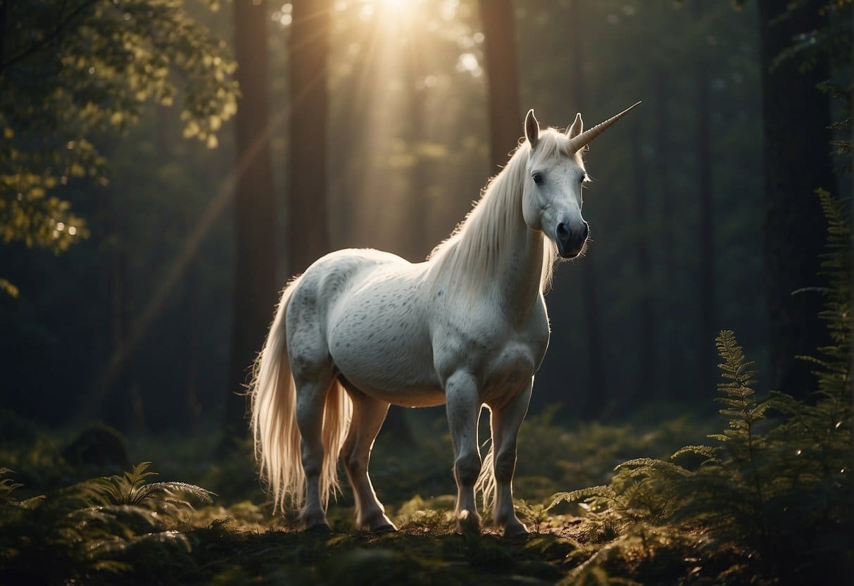 An evil unicorn stands proudly in a mystical forest, its horn gleaming in the sunlight as it gazes serenely into the distance