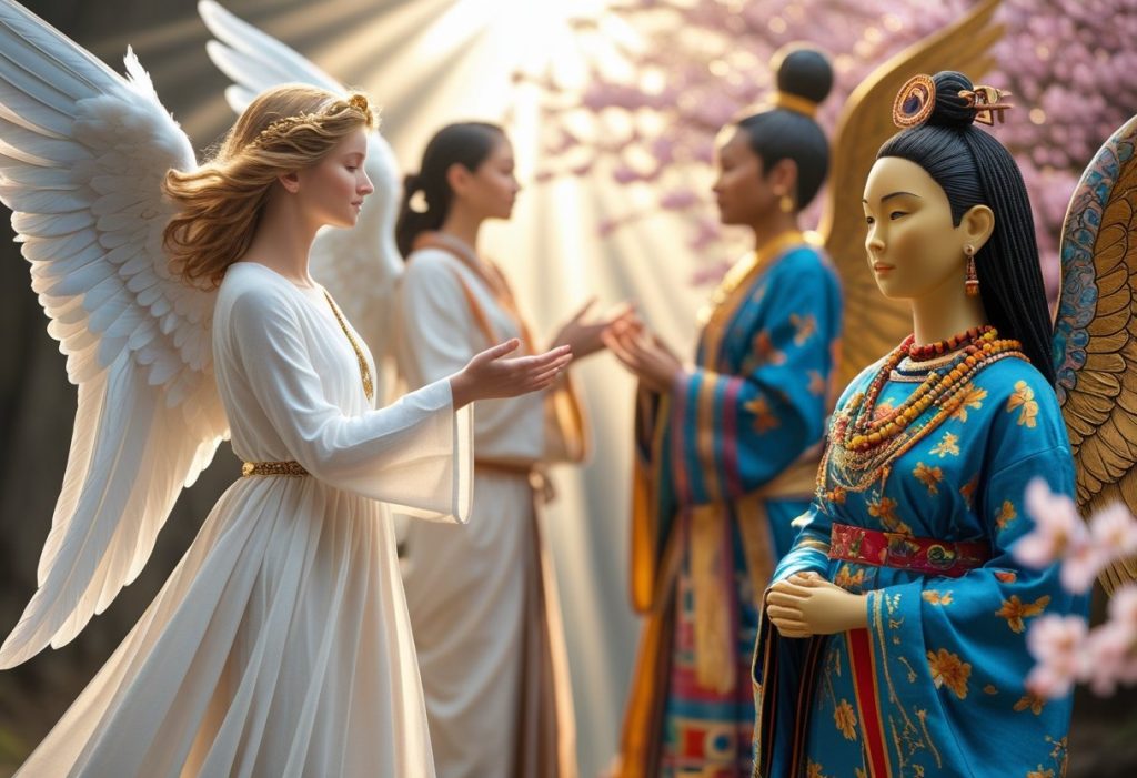 Angels in cultural symbolism from different world religions.