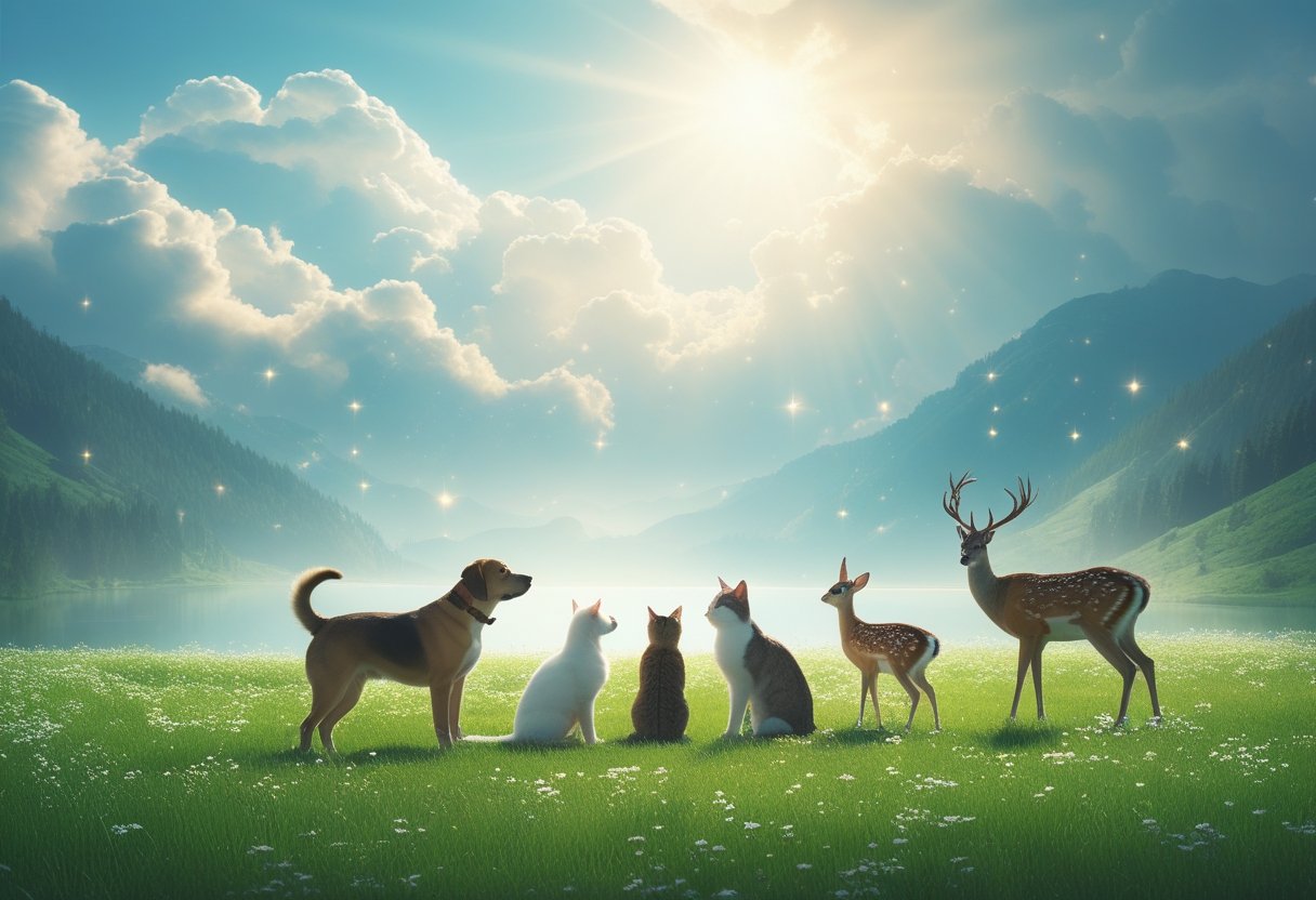 Pets and creatures communicating in God's eternal paradise.