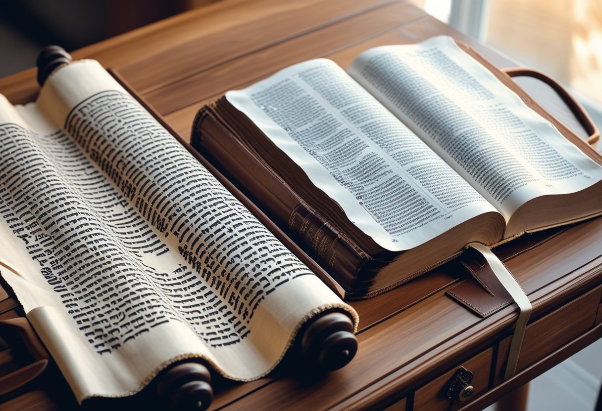 Torah vs Bible comparison – ancient scrolls and open Bible side by side
