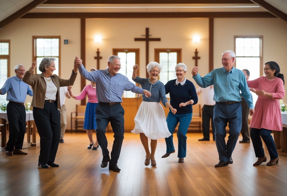 People discussing do Baptists dance at church community gathering.