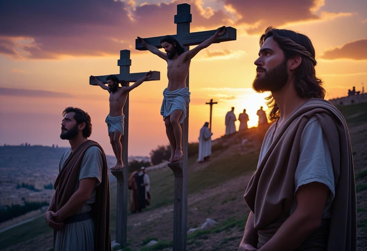 Biblical depiction of Gestas and Dismas at the crucifixion.