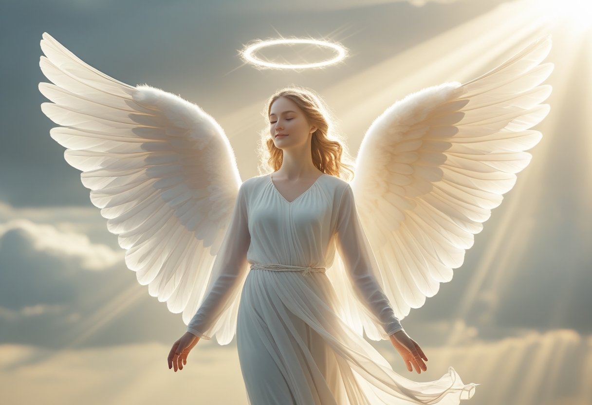 Angel with majestic wings in heavenly light.