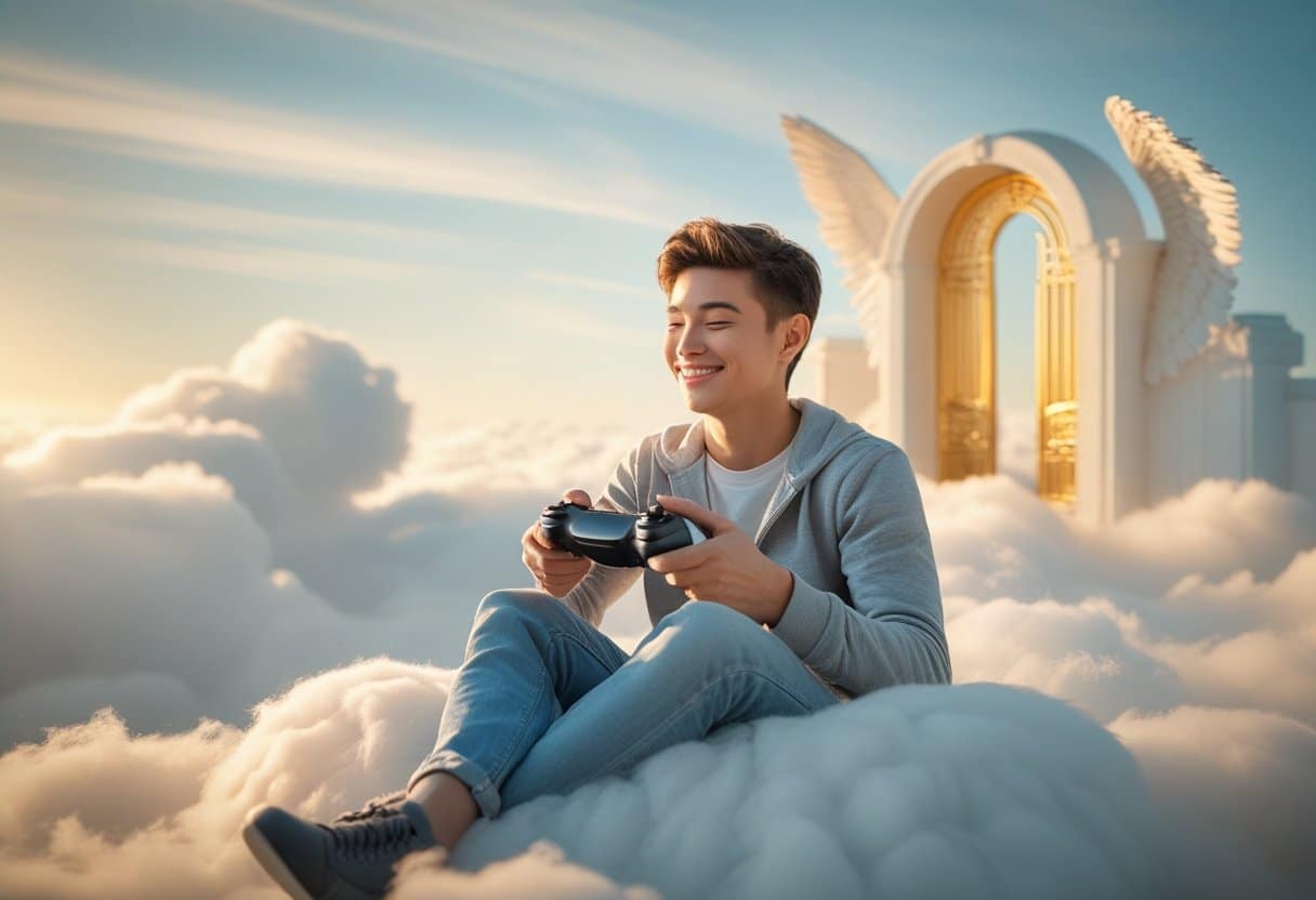 Video games in Heaven - symbolic depiction of heavenly entertainment.