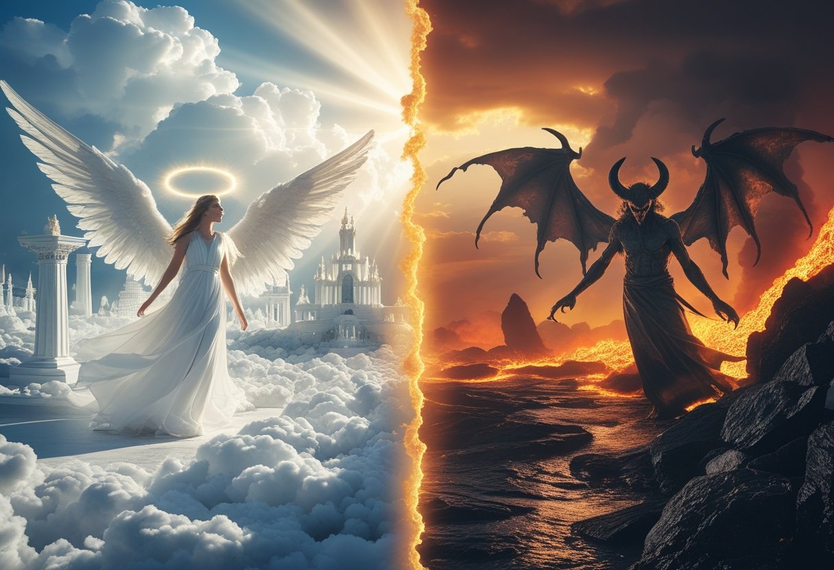 Contrast between good and evil: heaven as peace, hell as punishment.