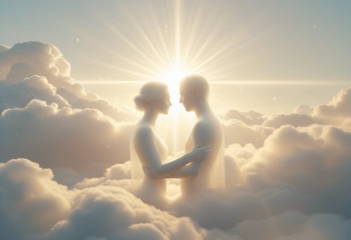 Couple wondering is there sex in heaven illustration.