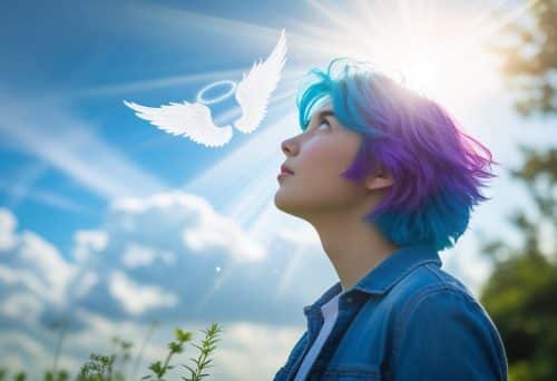 Christian woman with dyed hair reading Bible about salvation.