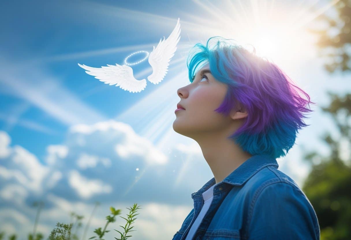 Christian woman with dyed hair reading Bible about salvation.