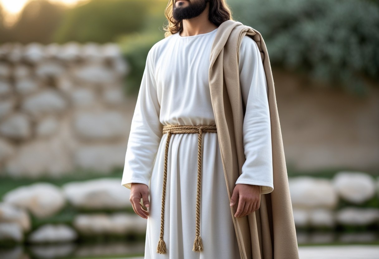Jesus robe costume in white with traditional red sash.