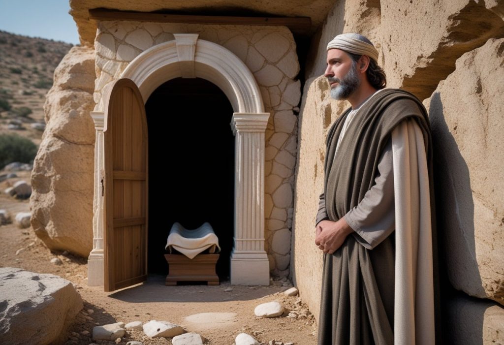 Illustration of Joseph of Arimathea preparing the tomb for Jesus.