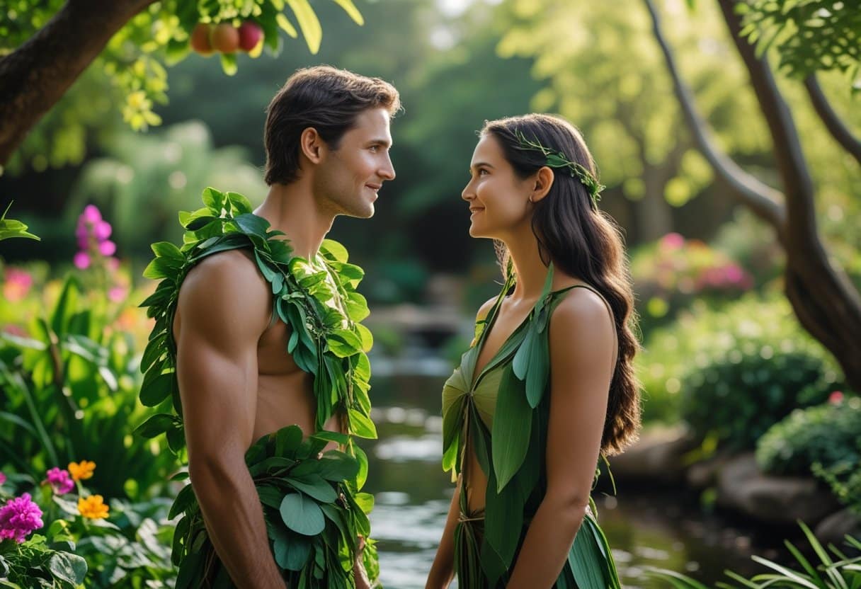 Garden of Eden scene depicting Adam and Eve in conversation
