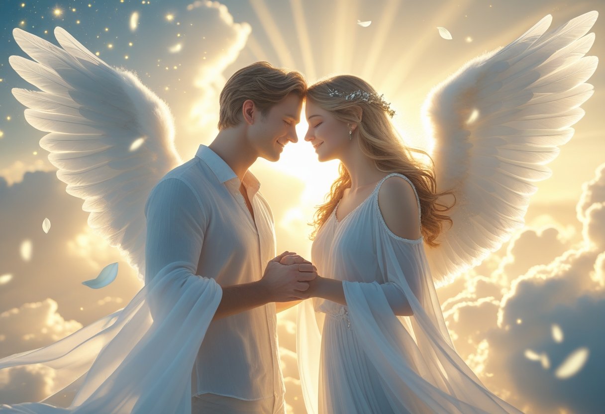 Comforting heaven scene depicting loved ones meeting again .