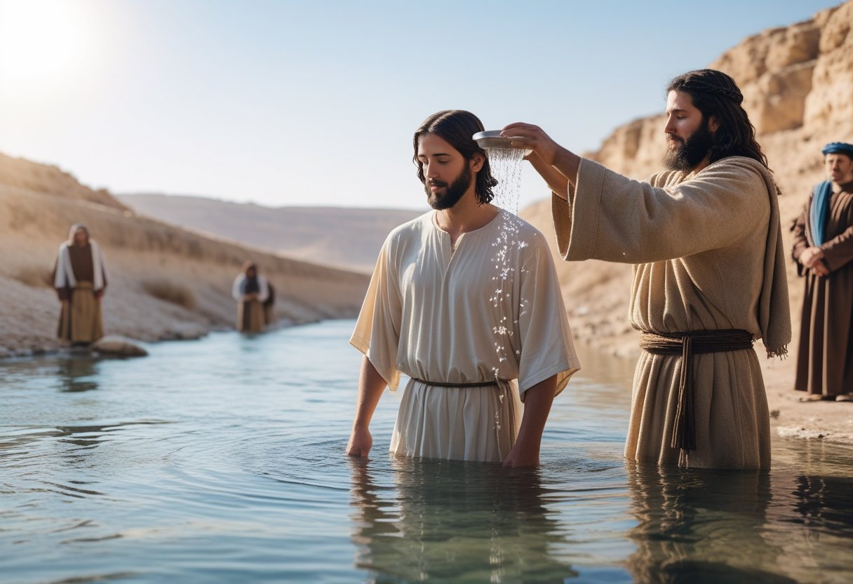 Jesus standing in the Jordan River during his baptism.