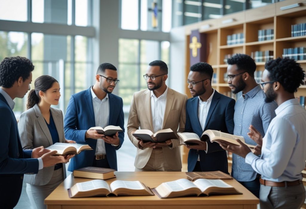 Modern Bible scholars studying ancient scriptures and discussing theological views on heaven and the afterlife