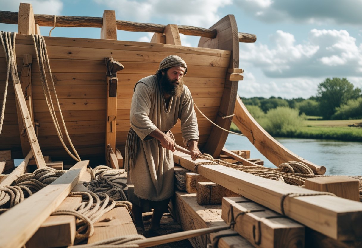 Illustration of Noah building the ark, exploring How Long Did It Take Noah to Build the Ark.