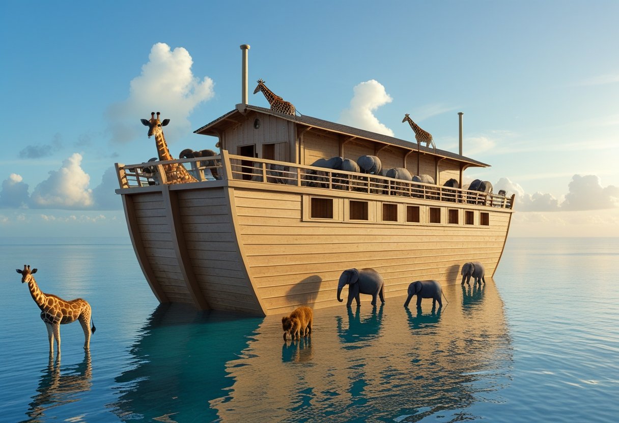 Noah's Ark with animals boarding two by two during the biblical flood.