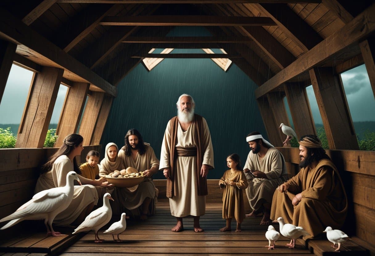 Noah and his family inside the ark during the great flood.
