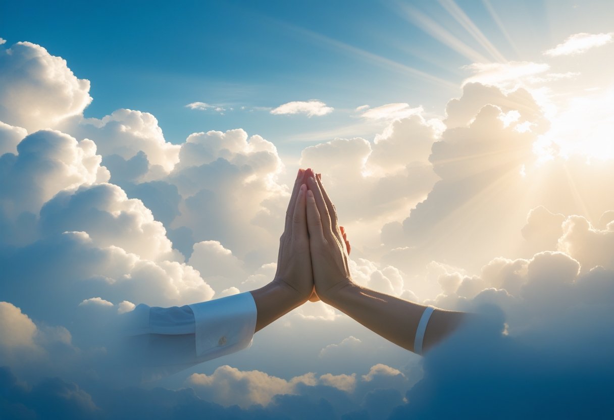 Hands folded in prayer reflecting the words Our Father Which Art in Heaven.