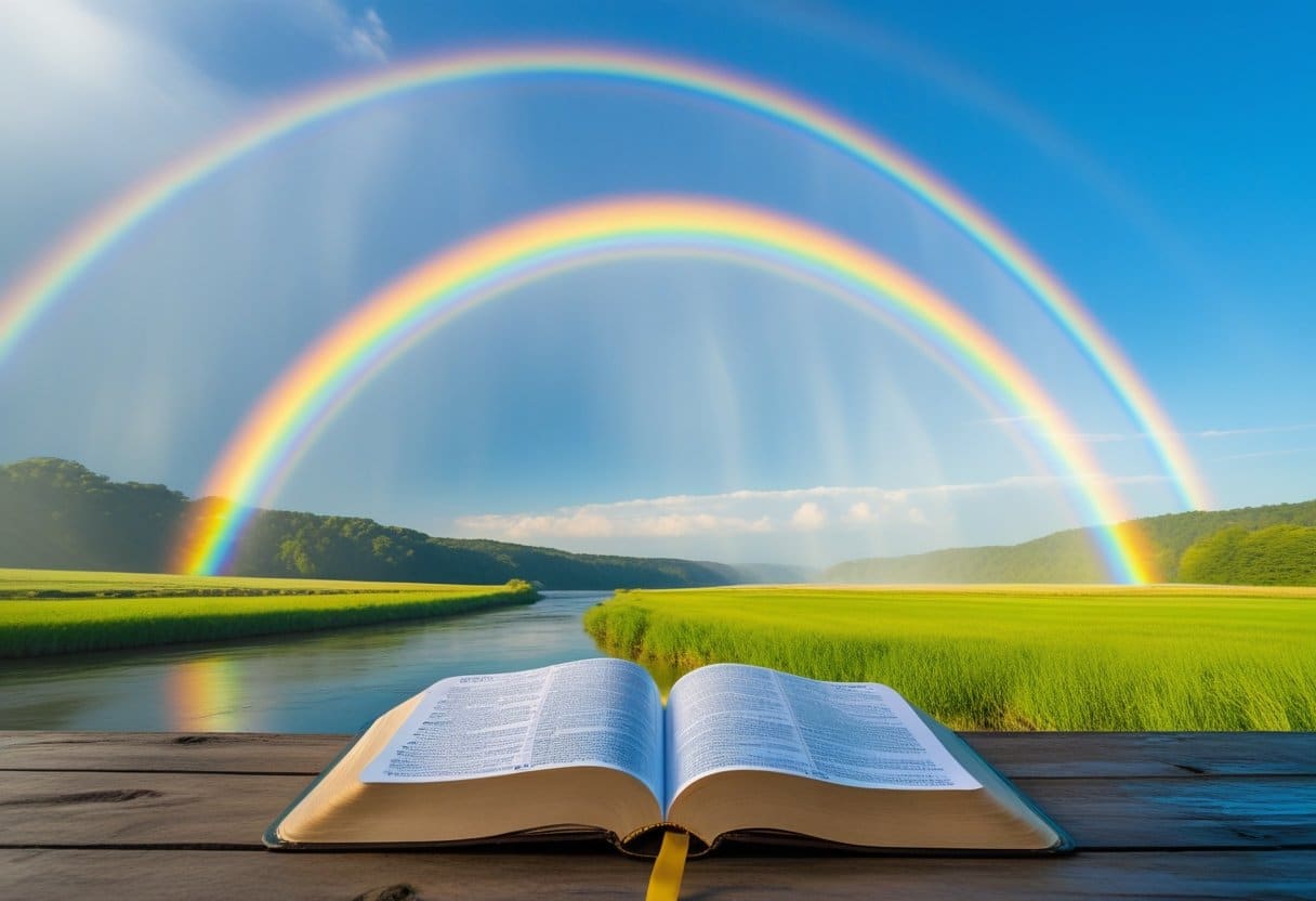 Colorful rainbow in sky showing what rainbow symbolizes in the Bible.