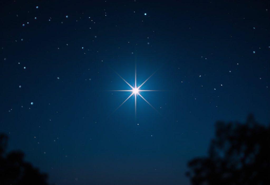 A detailed illustration of the bright Star of Bethlehem shining in the night sky over the holy city of David.