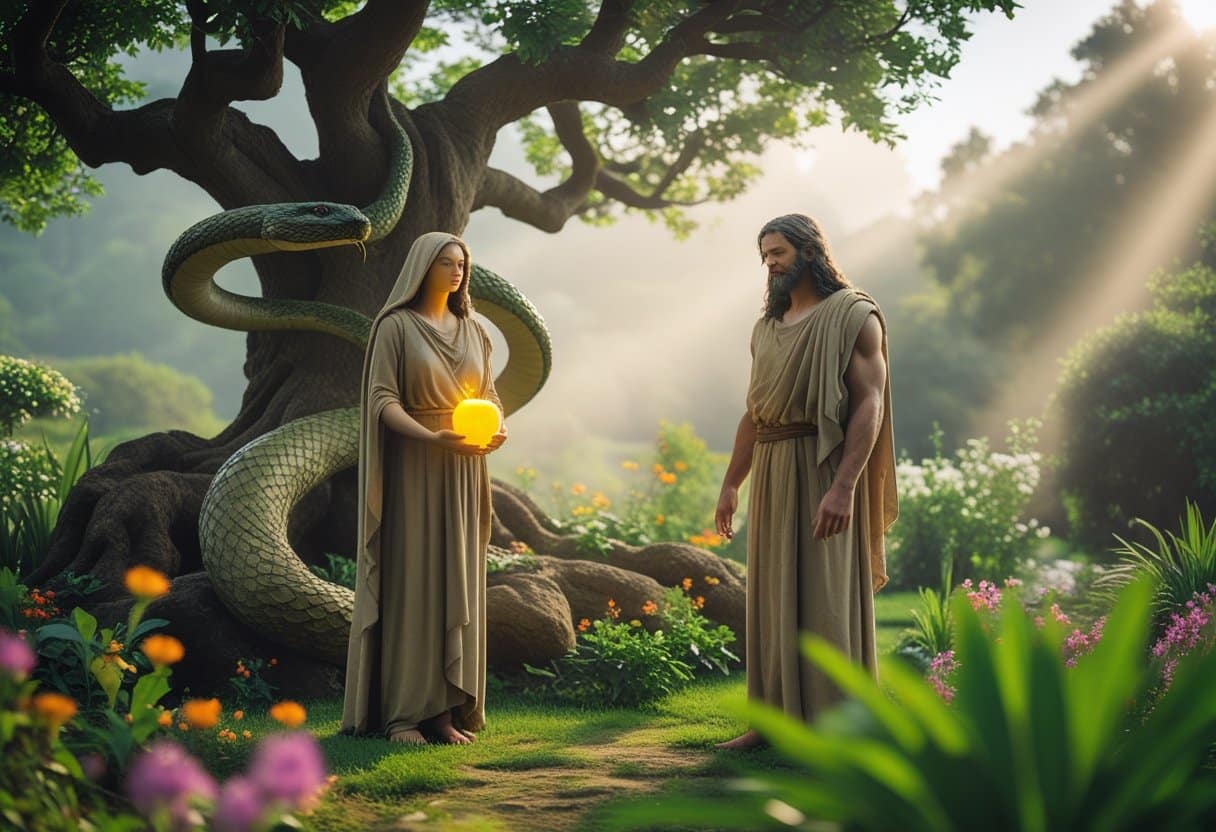 The forbidden tree and the serpent tempting Eve.