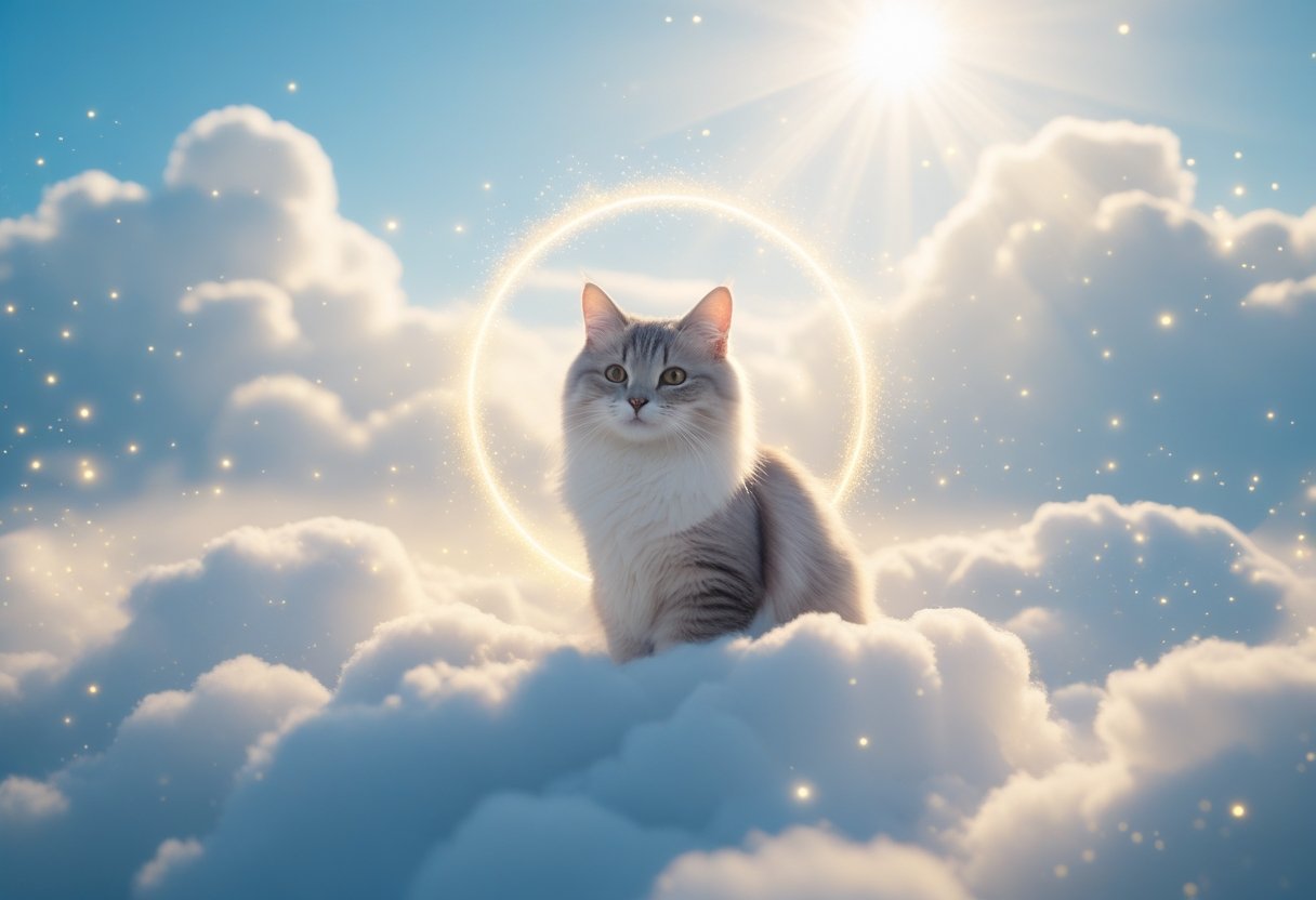 Cat sitting peacefully in clouds representing do cats go to heaven concept.