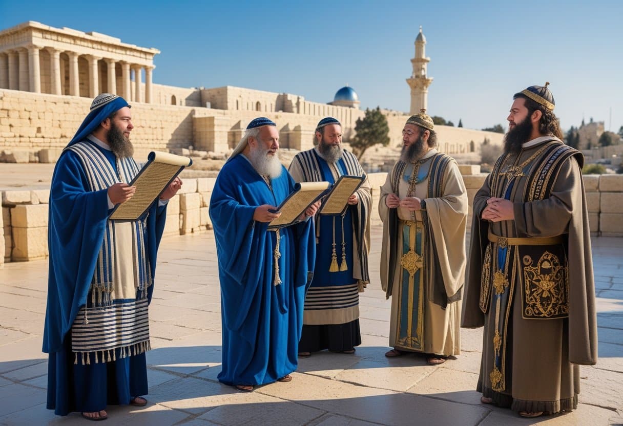 Illustration showing the difference between Pharisees and Sadducees in ancient Jerusalem.
