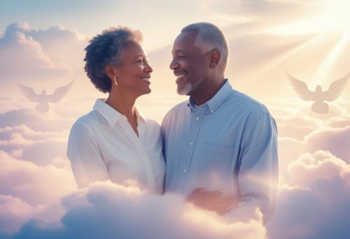 Loved ones embracing in heaven – joyful reunion in God's presence.