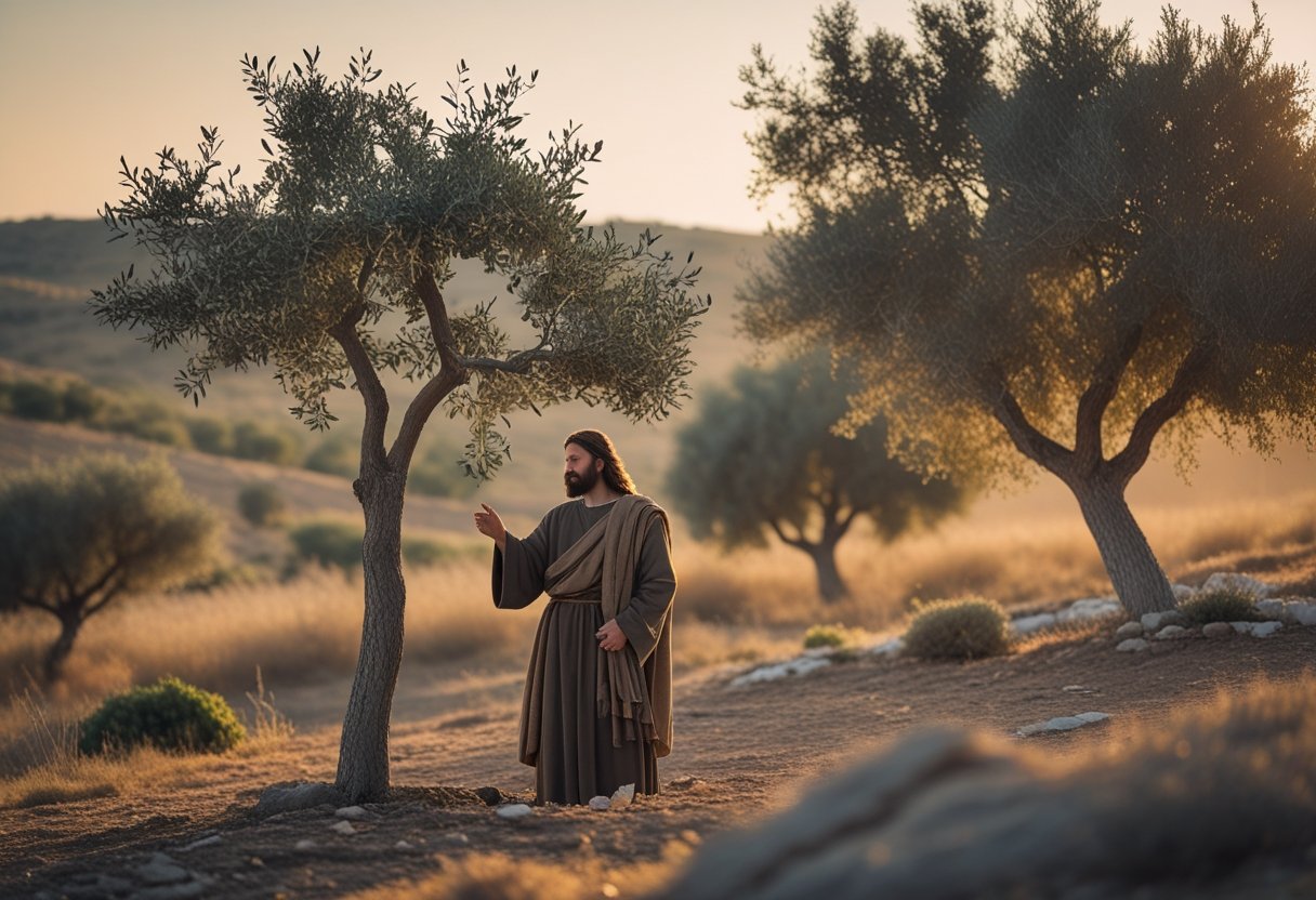 Jesus cursing the barren fig tree as disciples watch.