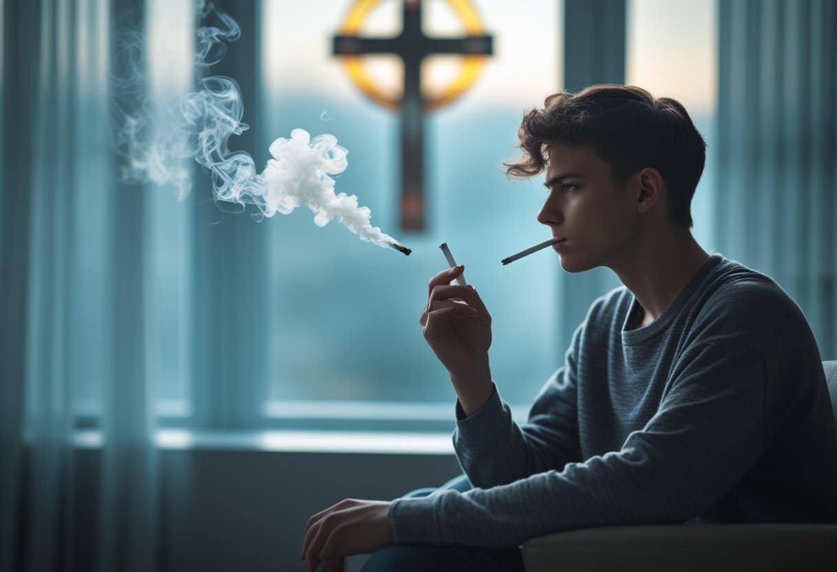 Hands holding cigarette and cross - is smoking a sin concept.