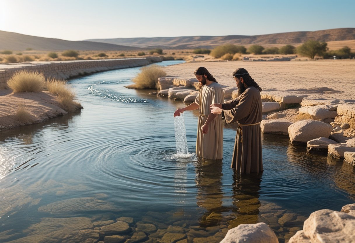 Biblical scene of Jesus baptized in the Jordan River.