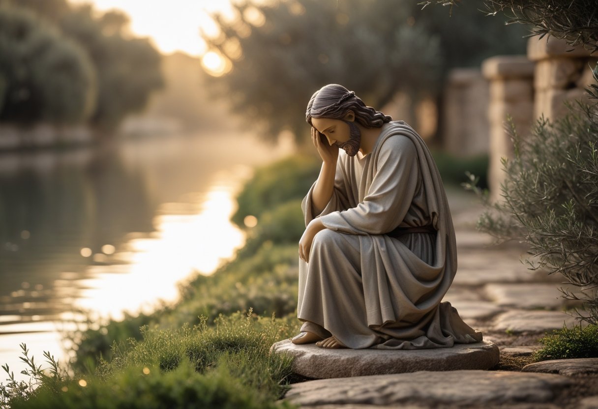 Jesus weeping at the tomb of Lazarus in grief.