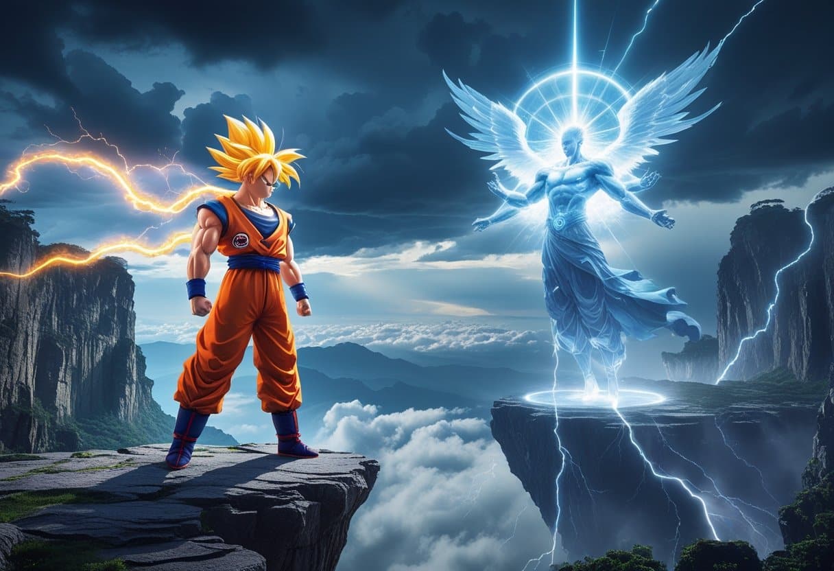 Anime character Goku fighting Jesus illustration