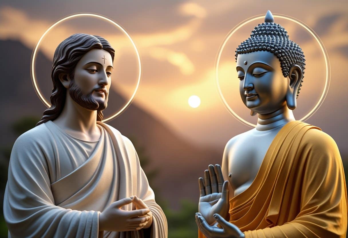 Statues side by side illustrating Jesus vs Buddha.